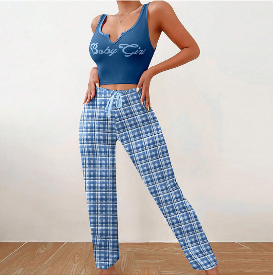 Women’s Casual Pajama Set – 2-Piece Sleeveless Vest Top & Plaid Lounge Pants