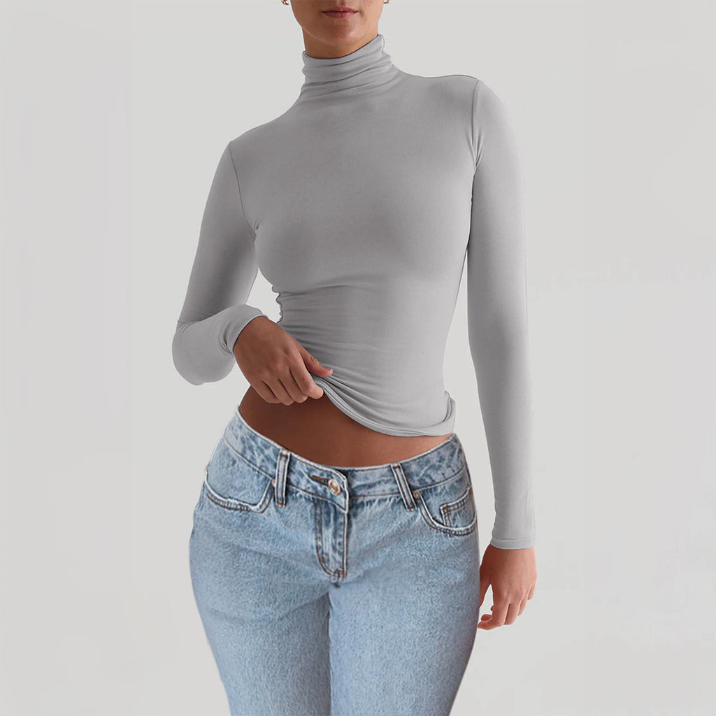 Women’s Y2K Slim Turtleneck Long Sleeve T-Shirt – Casual Fitted Knit Pullover