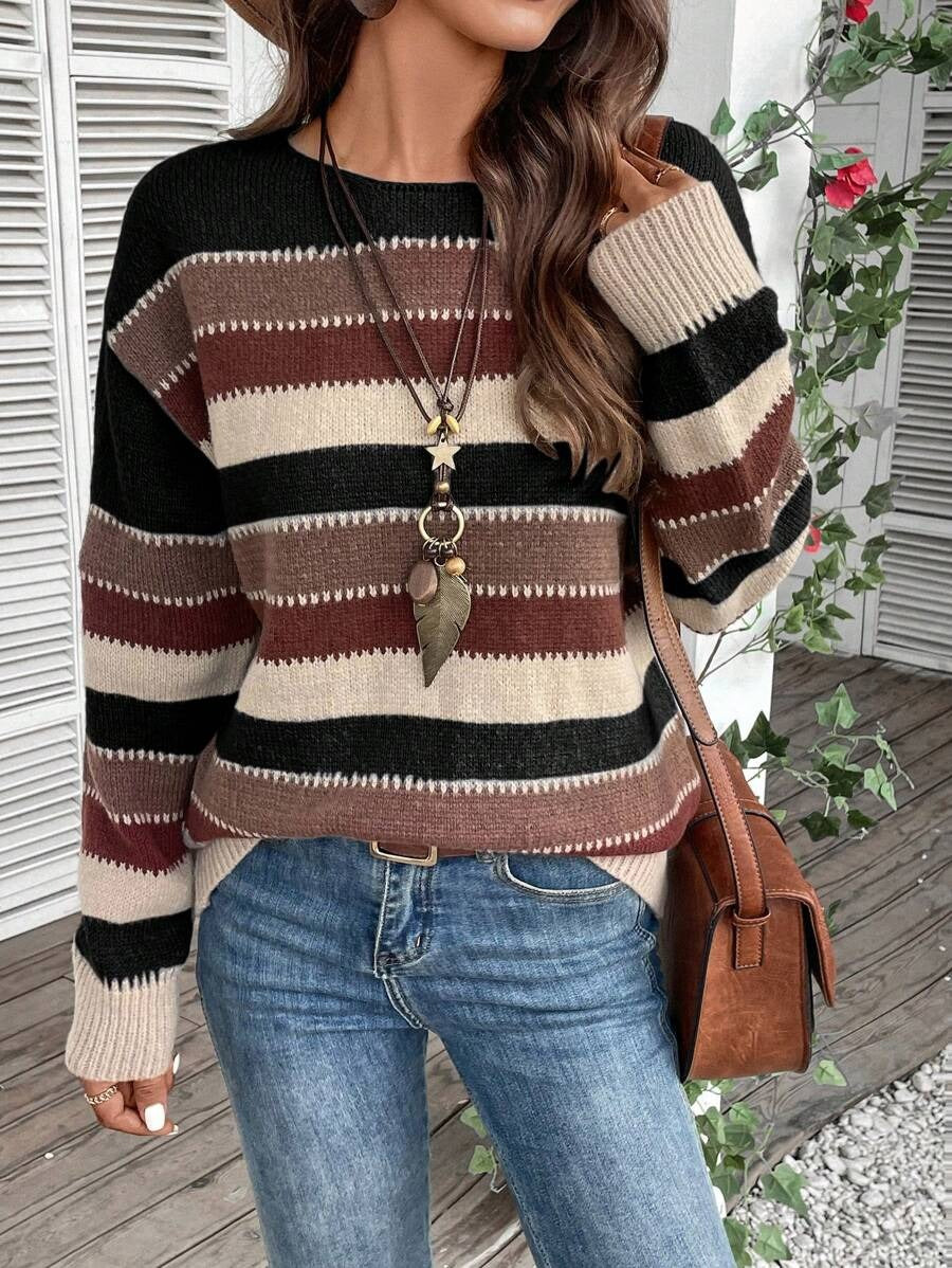 Women’s Colorblock Striped Pullover Sweater – Casual Long Sleeve Polyester Knit Top
