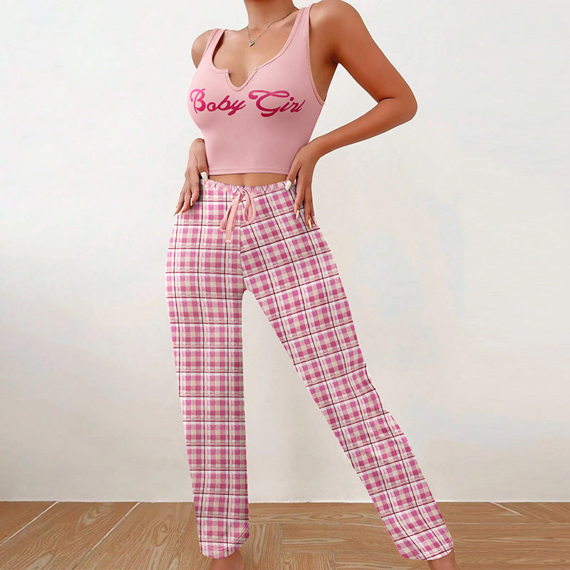 Women’s Casual Pajama Set – 2-Piece Sleeveless Vest Top & Plaid Lounge Pants