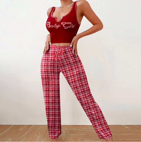 Women’s Casual Pajama Set – 2-Piece Sleeveless Vest Top & Plaid Lounge Pants
