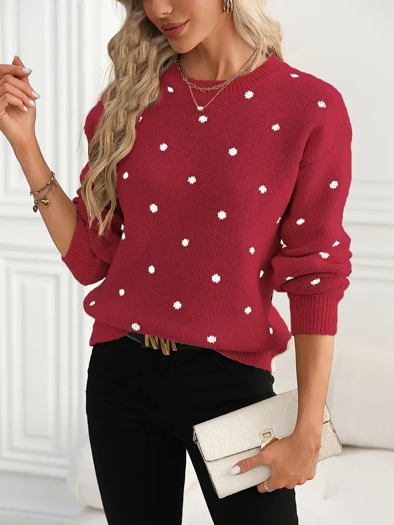 Women’s Polka Dot Knit Pullover Sweater – Trendy Casual Soft Knit Jumper