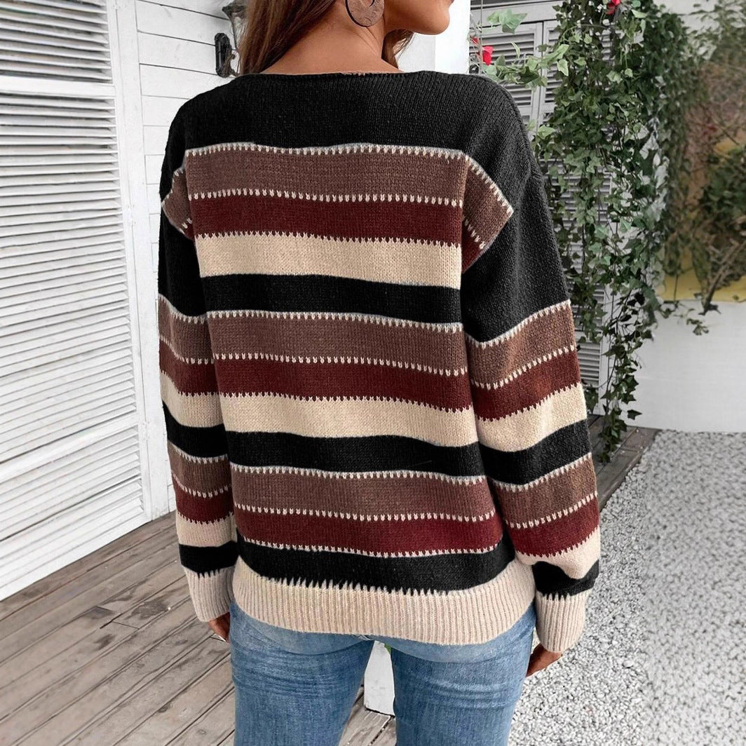 Women’s Colorblock Striped Pullover Sweater – Casual Long Sleeve Polyester Knit Top