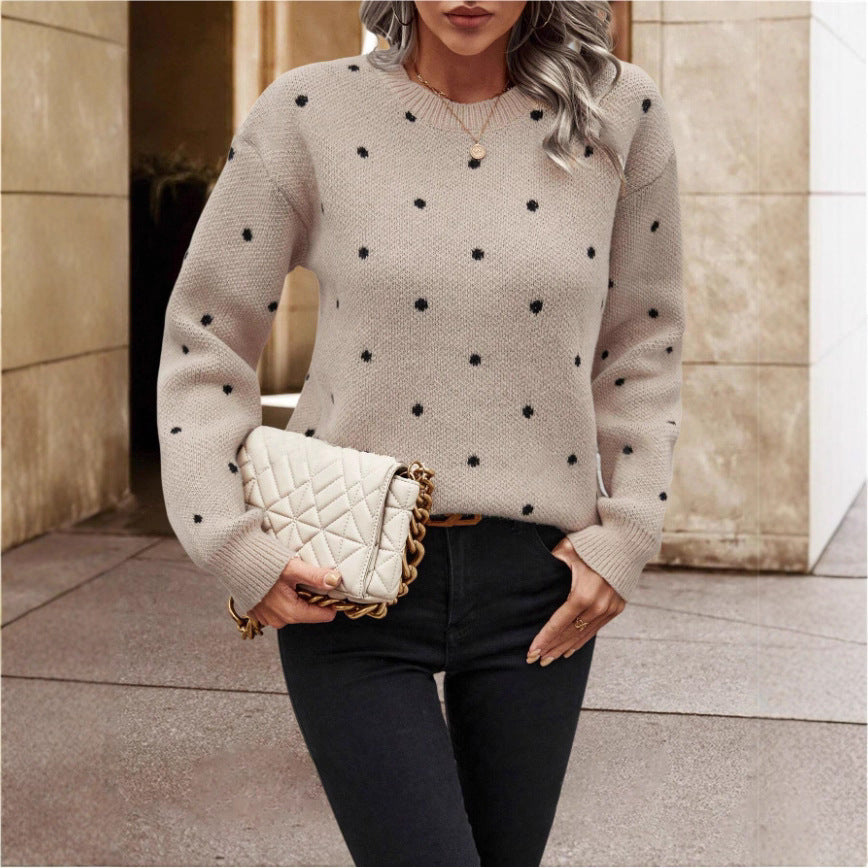 Women’s Polka Dot Knit Pullover Sweater – Trendy Casual Soft Knit Jumper