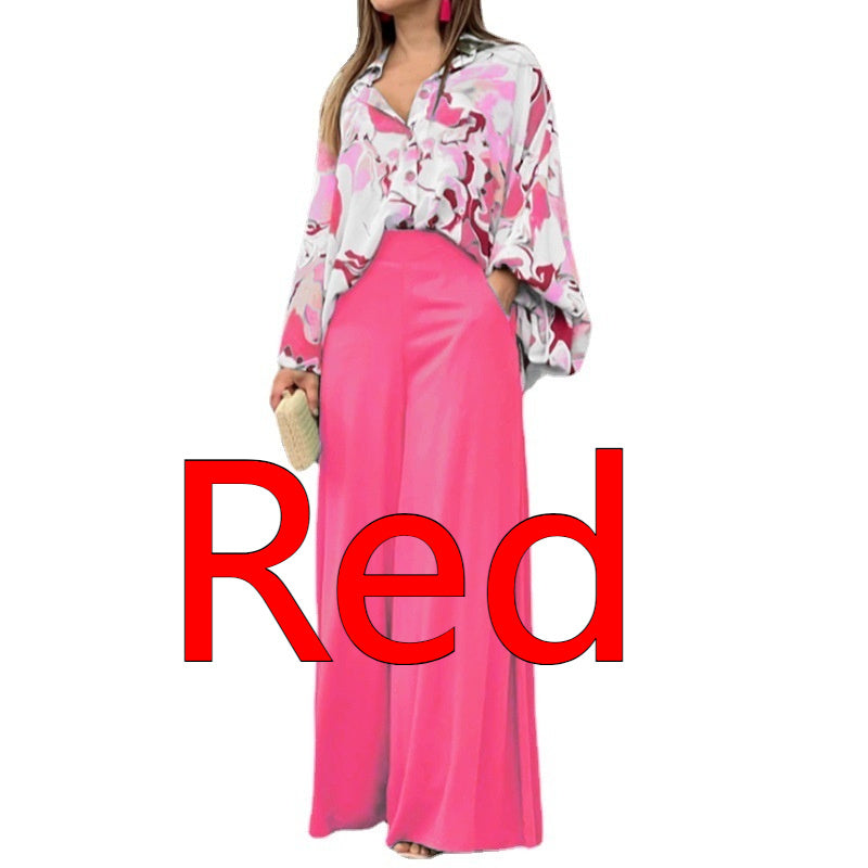 Women’s Floral Print Two-Piece Set – Button-Up Long Sleeve Shirt & Wide-Leg Beach Pants