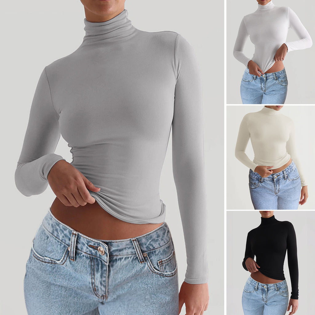 Women’s Y2K Slim Turtleneck Long Sleeve T-Shirt – Casual Fitted Knit Pullover