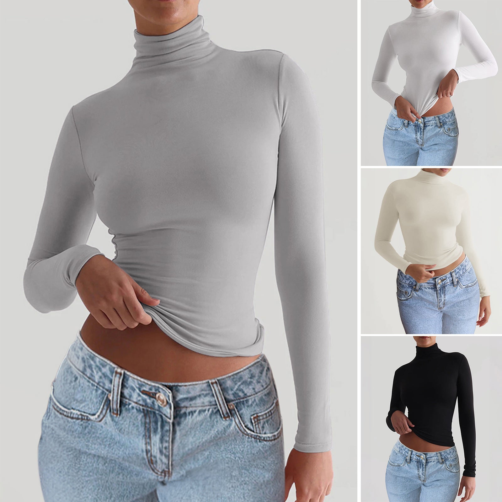 Women’s Y2K Slim Turtleneck Long Sleeve T-Shirt – Casual Fitted Knit Pullover