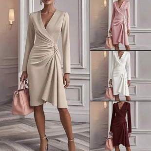 V Neck Pleated Slim Fit Midi Dress – Elegant Long Sleeve A-Line Office Commuter Party Dress for Women