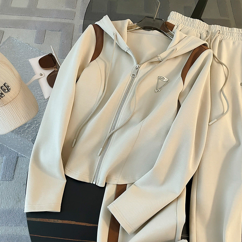 Women’s Casual Hooded Zip-Up Jacket & Wide-Leg Pants Set – Cotton Korean Style Tracksuit