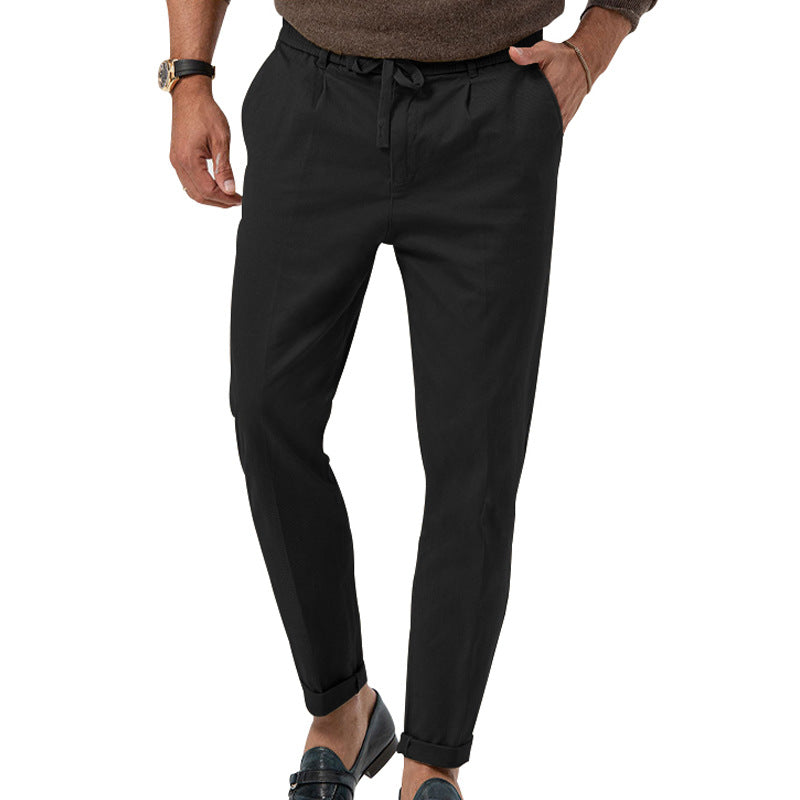 Men’s Casual Drawstring Suit Pants – Straight Leg High Waist Business Trousers