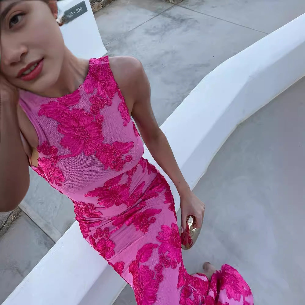 Mesh 3D Floral Sexy Sheath Dress – Sleeveless Embroidered Bodycon Maxi Dress