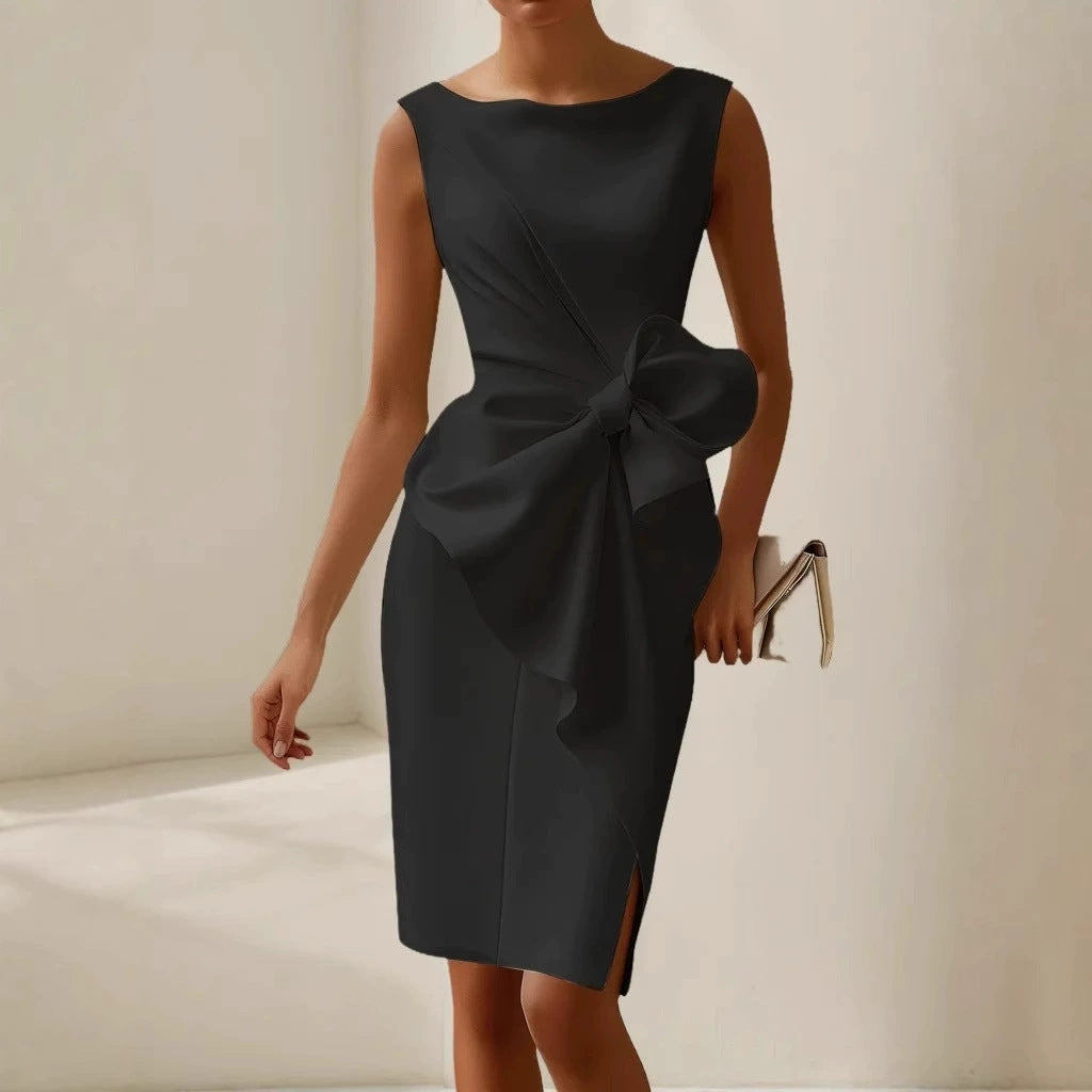 Women’s Elegant Bowknot Dress – Slim Sleeveless High Waist Office & Party Midi Dress