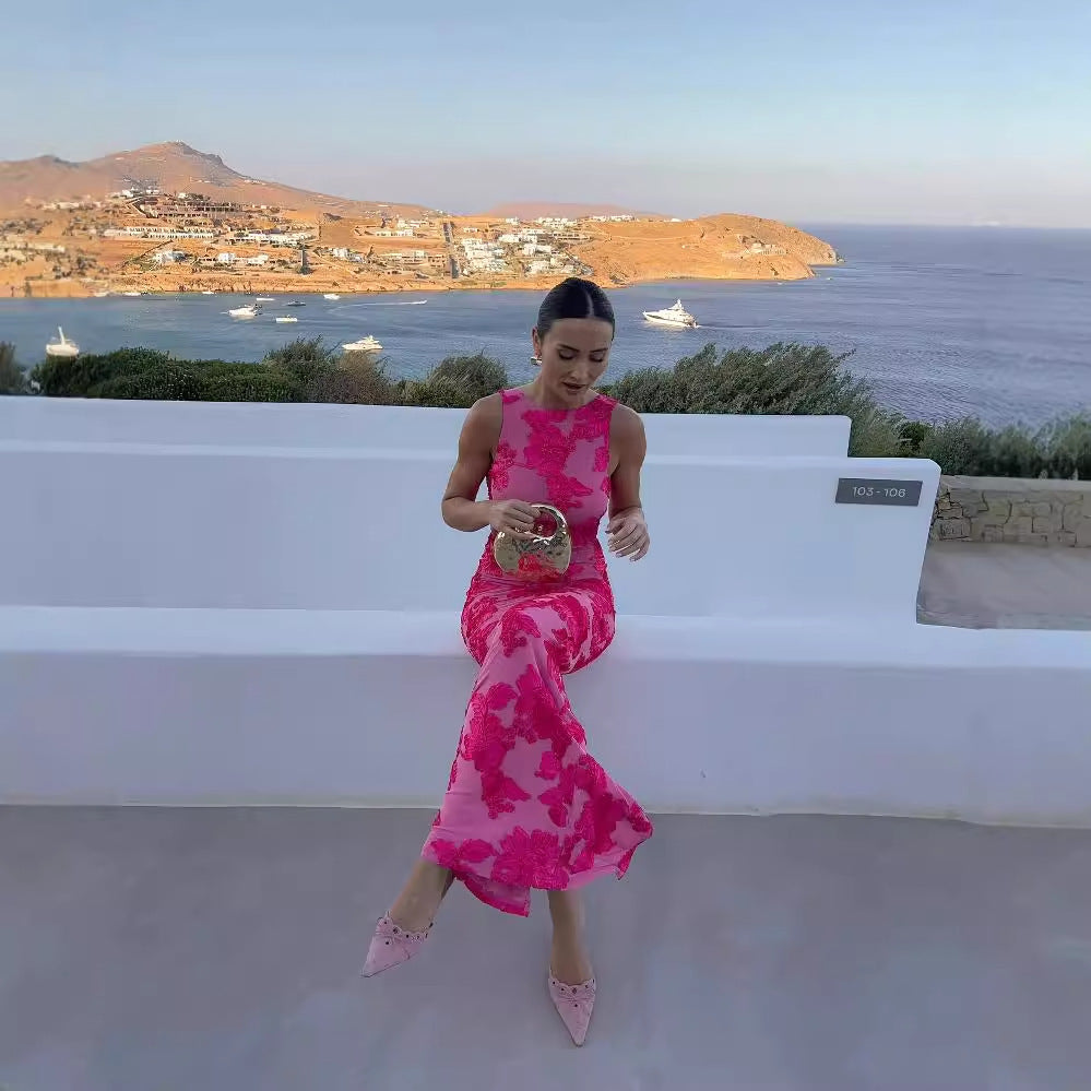 Mesh 3D Floral Sexy Sheath Dress – Sleeveless Embroidered Bodycon Maxi Dress