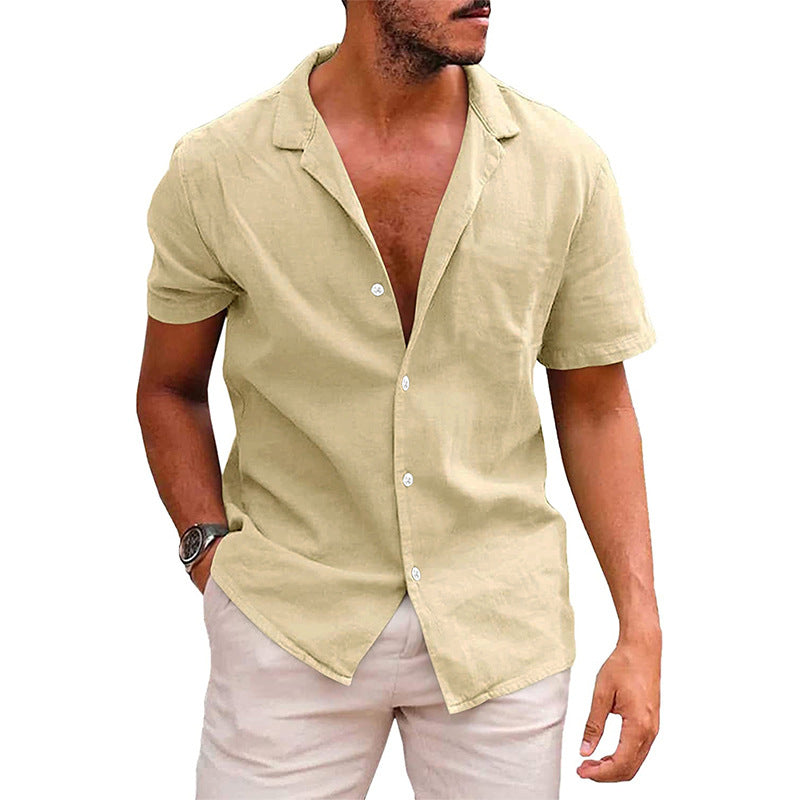 Men’s Casual Linen Cotton Button-Down Shirt – Short Sleeve Summer Beach Shirt