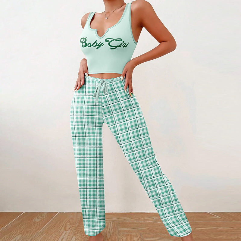 Women’s Casual Pajama Set – 2-Piece Sleeveless Vest Top & Plaid Lounge Pants