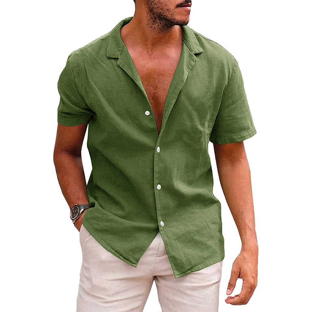 Men’s Casual Linen Cotton Button-Down Shirt – Short Sleeve Summer Beach Shirt
