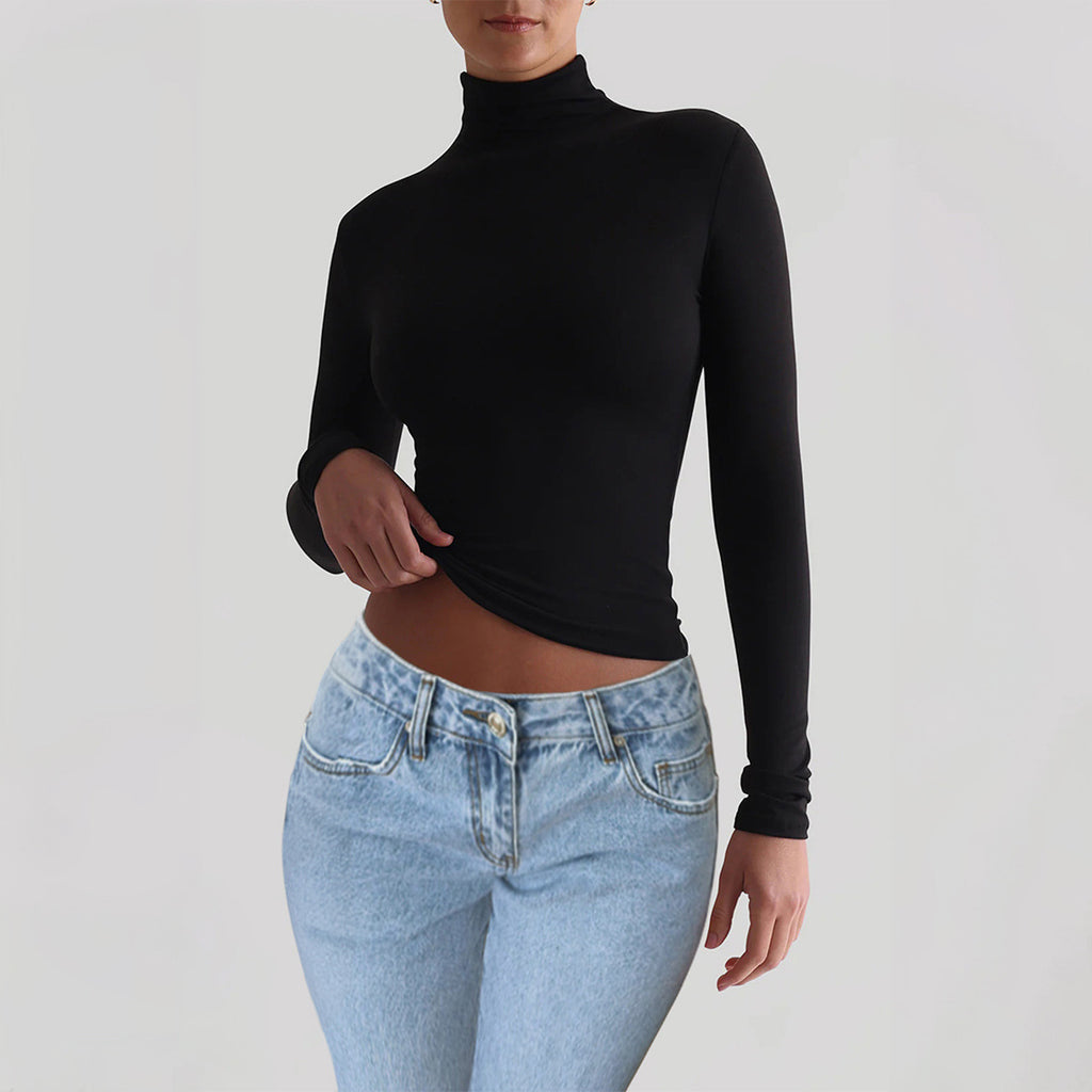 Women’s Y2K Slim Turtleneck Long Sleeve T-Shirt – Casual Fitted Knit Pullover