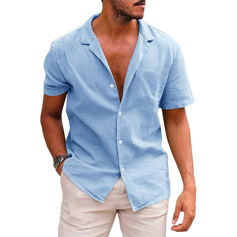 Men’s Casual Linen Cotton Button-Down Shirt – Short Sleeve Summer Beach Shirt