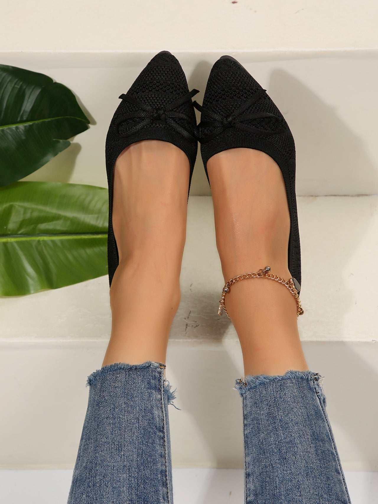 Women’s Bow Knitted Loafers – Pointed-Toe Flat Shoes Fashionable Flats