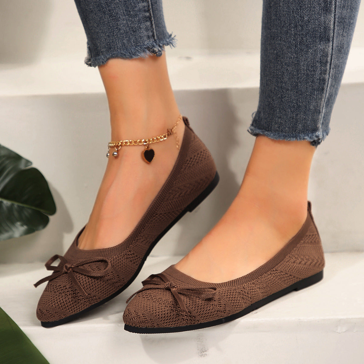 Women’s Bow Knitted Loafers – Pointed-Toe Flat Shoes Fashionable Flats