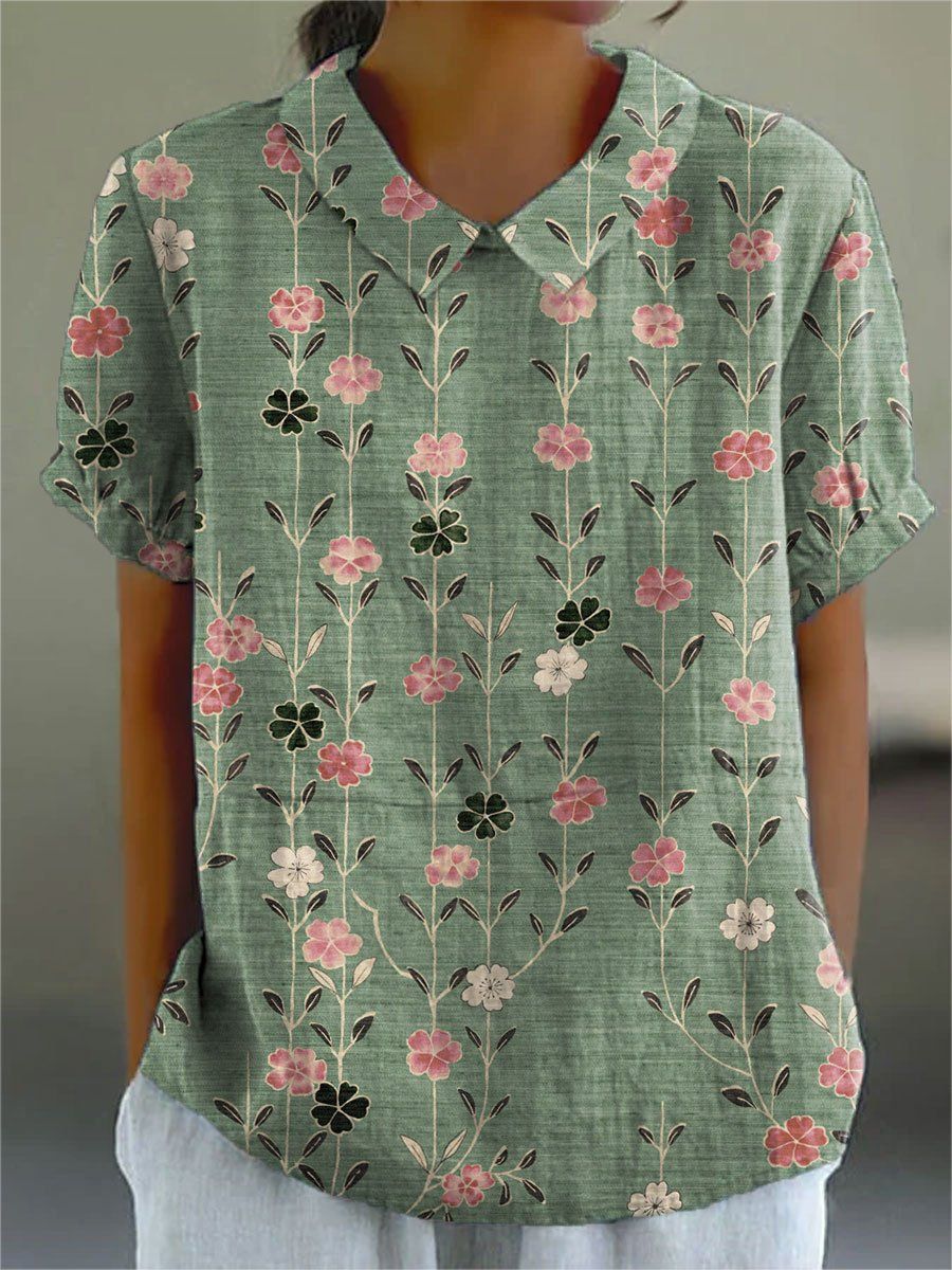 Women’s Retro Floral Short Sleeve Shirt – Loose Japanese Style Pullover Top