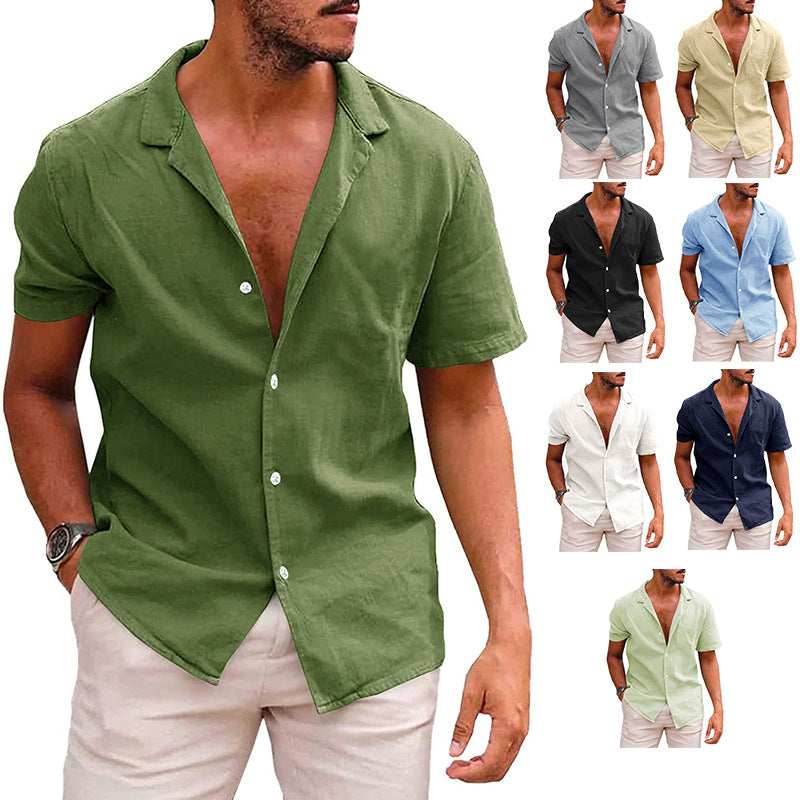 Men’s Casual Linen Cotton Button-Down Shirt – Short Sleeve Summer Beach Shirt