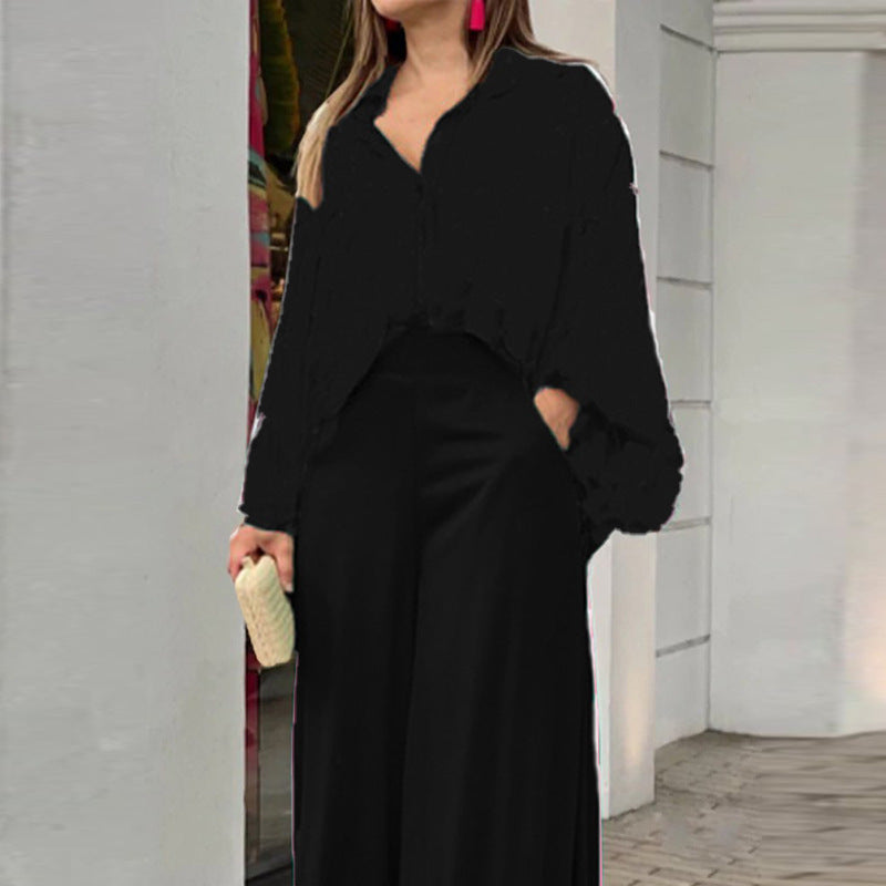 Women’s Floral Print Two-Piece Set – Button-Up Long Sleeve Shirt & Wide-Leg Beach Pants