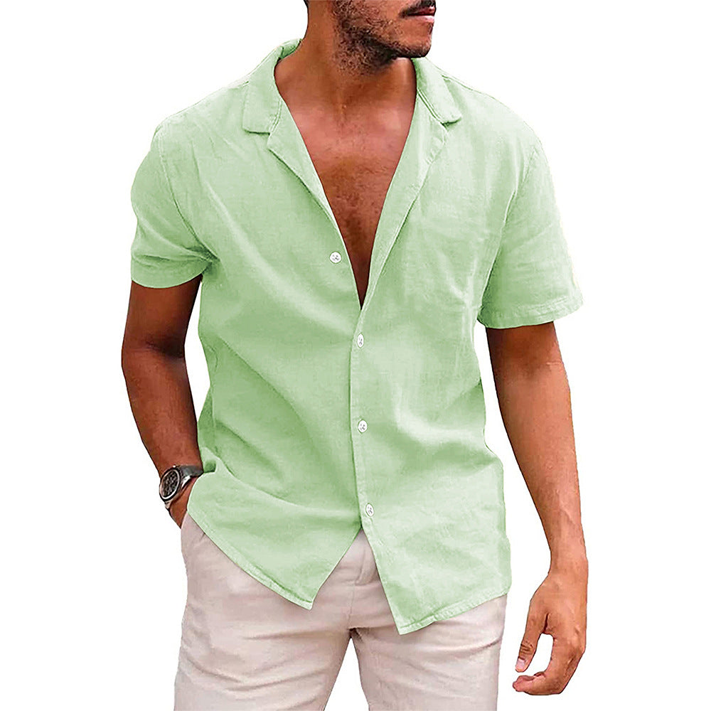 Men’s Casual Linen Cotton Button-Down Shirt – Short Sleeve Summer Beach Shirt