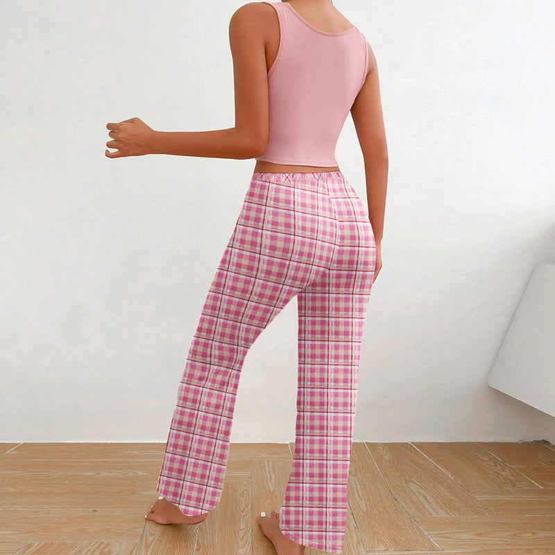Women’s Casual Pajama Set – 2-Piece Sleeveless Vest Top & Plaid Lounge Pants