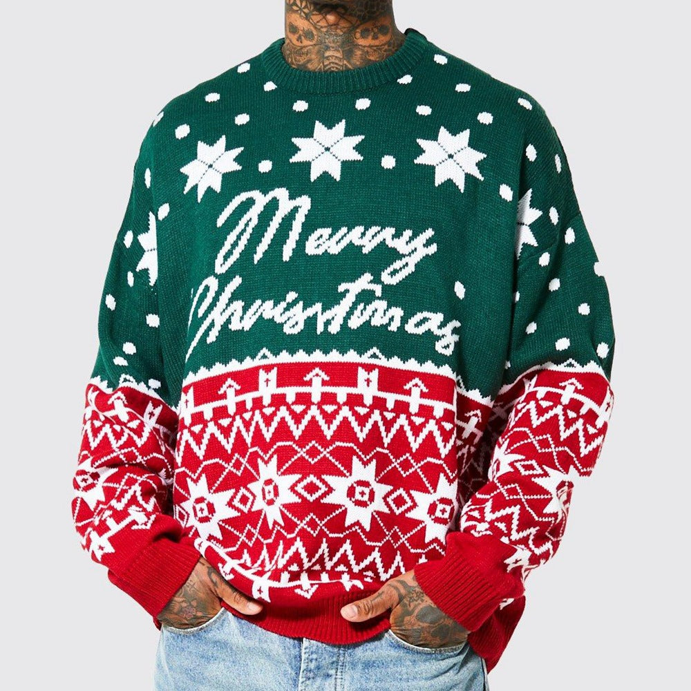 Men’s Jacquard Knit Pullover Sweater – Loose Round Neck Autumn Winter Christmas Sweater