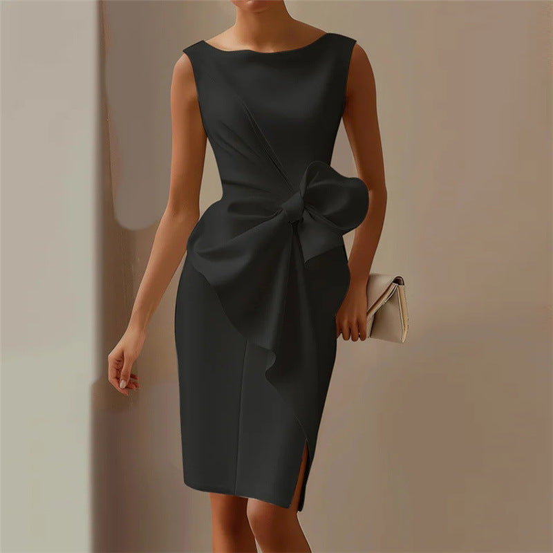 Women’s Elegant Bowknot Dress – Slim Sleeveless High Waist Office & Party Midi Dress
