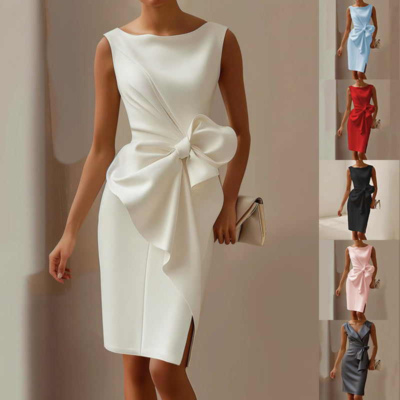Women’s Elegant Bowknot Dress – Slim Sleeveless High Waist Office & Party Midi Dress