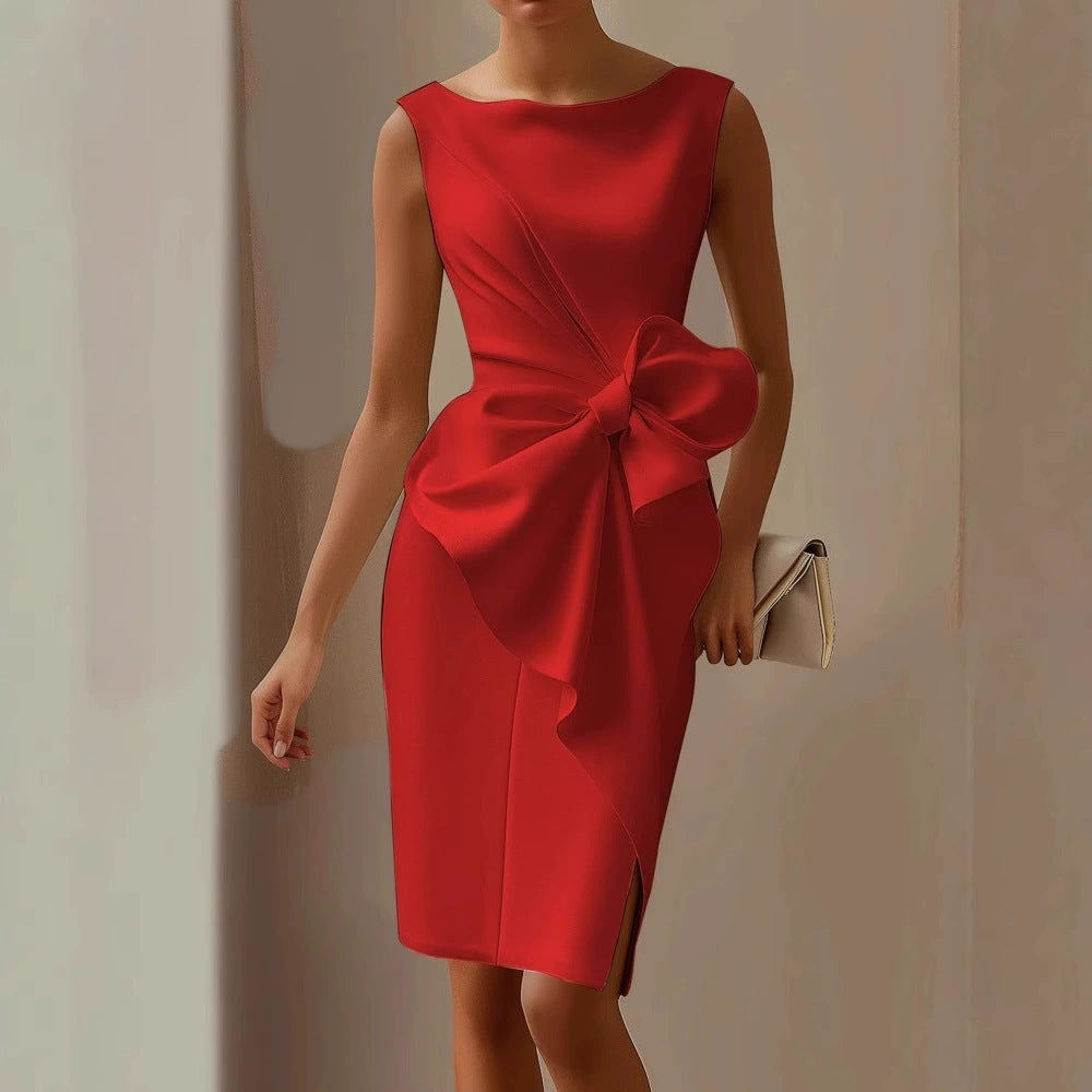 Women’s Elegant Bowknot Dress – Slim Sleeveless High Waist Office & Party Midi Dress