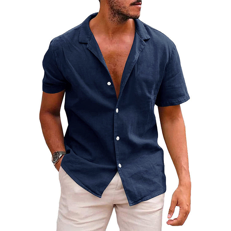 Men’s Casual Linen Cotton Button-Down Shirt – Short Sleeve Summer Beach Shirt