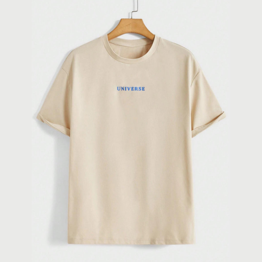 Men wearing “Believe In Yourself Universe” funny short sleeve cotton T-shirt in Khaki, White, and Black