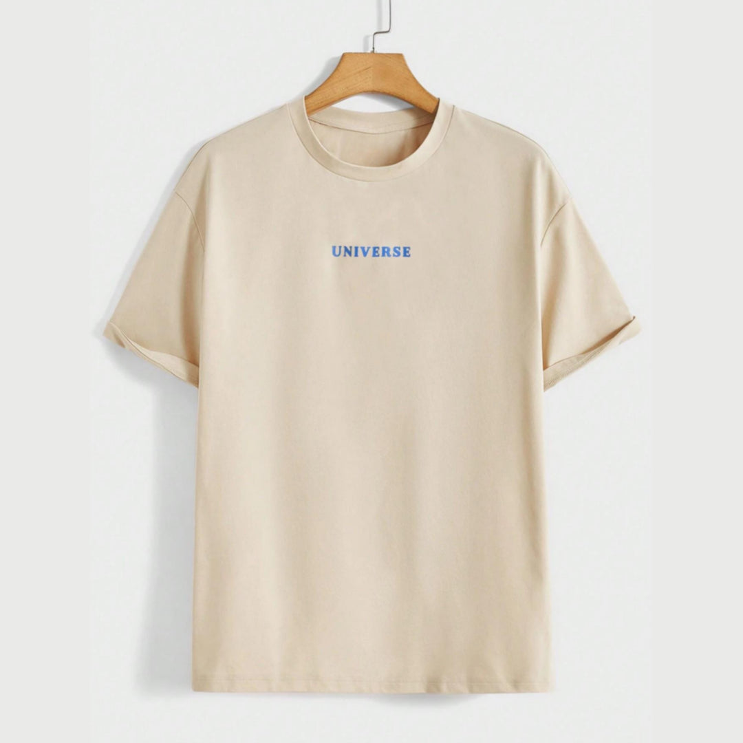 Men wearing “Believe In Yourself Universe” funny short sleeve cotton T-shirt in Khaki, White, and Black