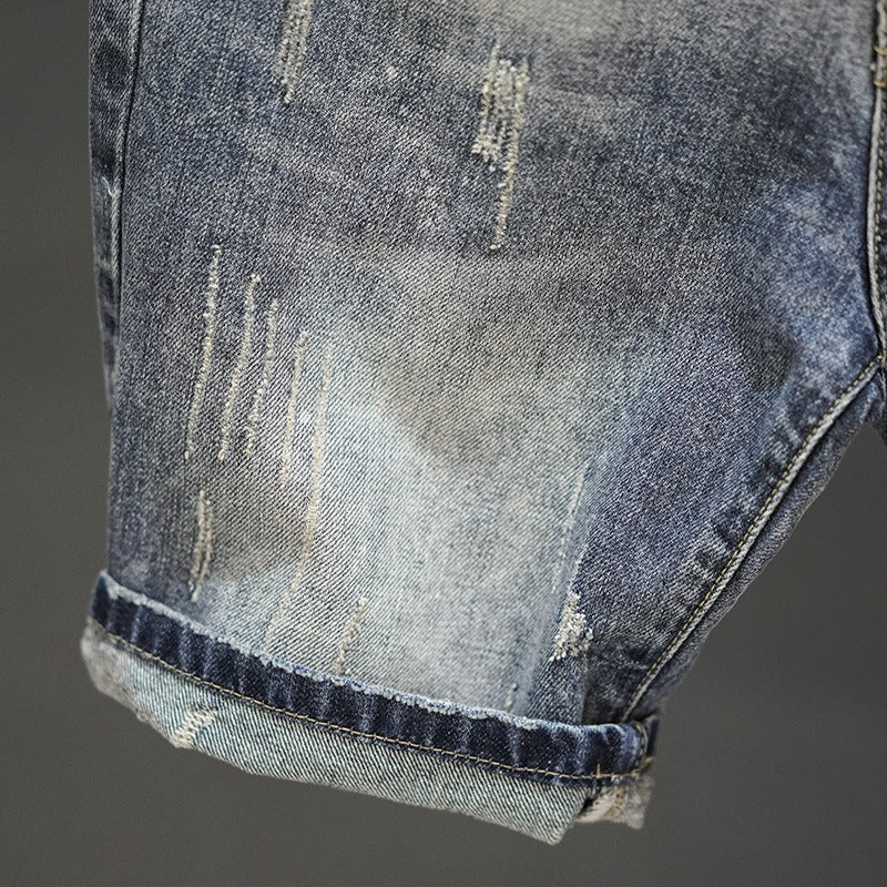 Retro Ripped Cropped Denim Pants – Trendy Fuzzy Hem Straight Leg Jeans for Men
