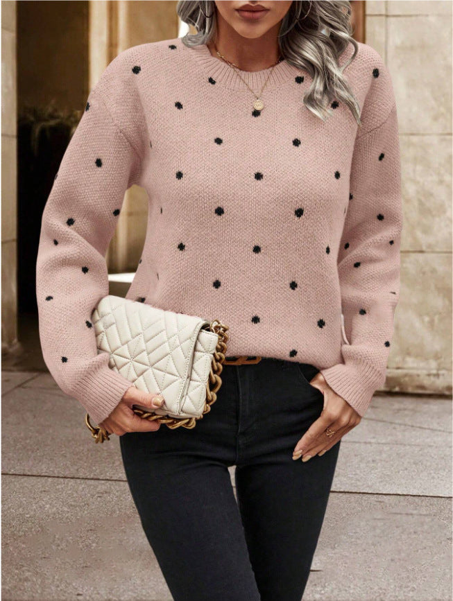 Women’s Polka Dot Knit Pullover Sweater – Trendy Casual Soft Knit Jumper