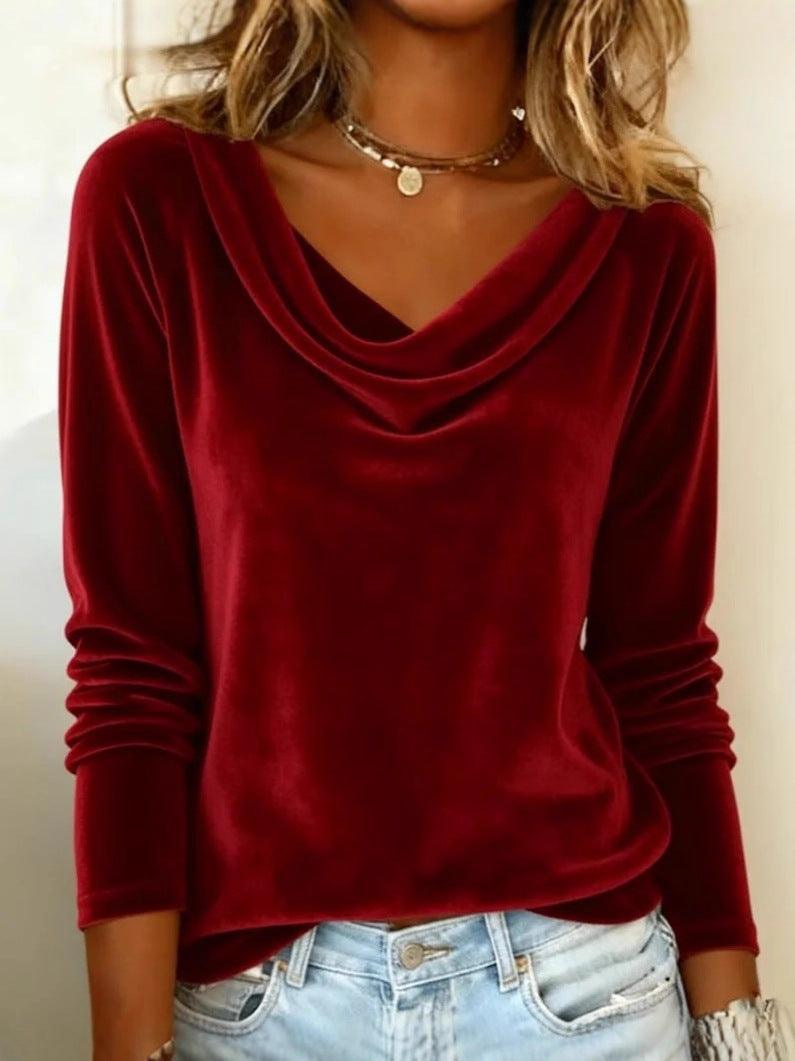 Women’s Soft Velvet Long Sleeve Top – Elegant Fall & Winter Blouse
