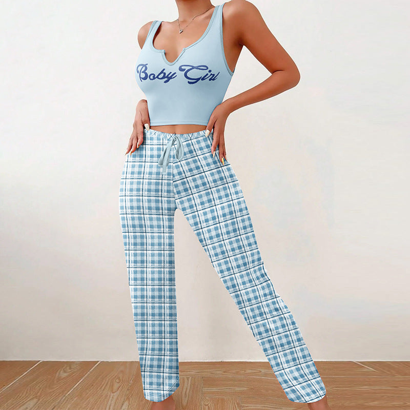 Women’s Casual Pajama Set – 2-Piece Sleeveless Vest Top & Plaid Lounge Pants