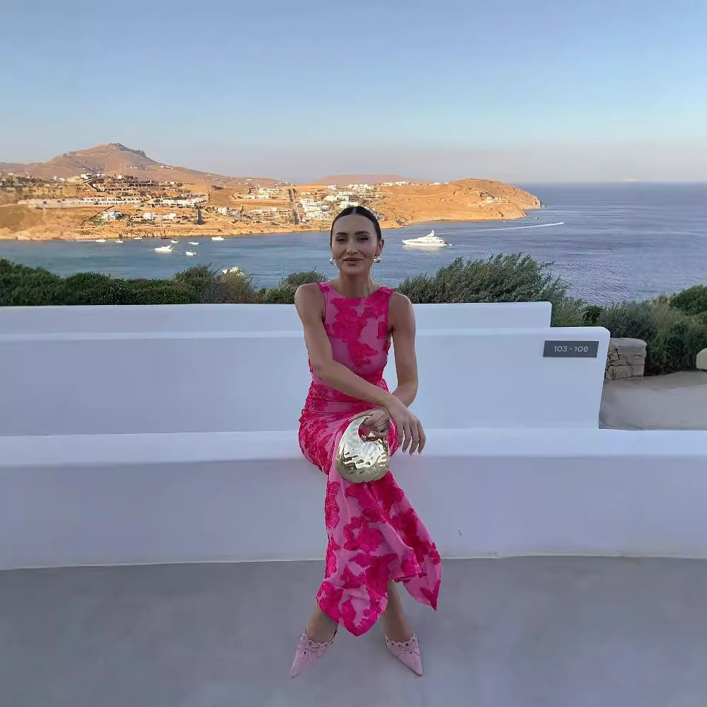 Mesh 3D Floral Sexy Sheath Dress – Sleeveless Embroidered Bodycon Maxi Dress