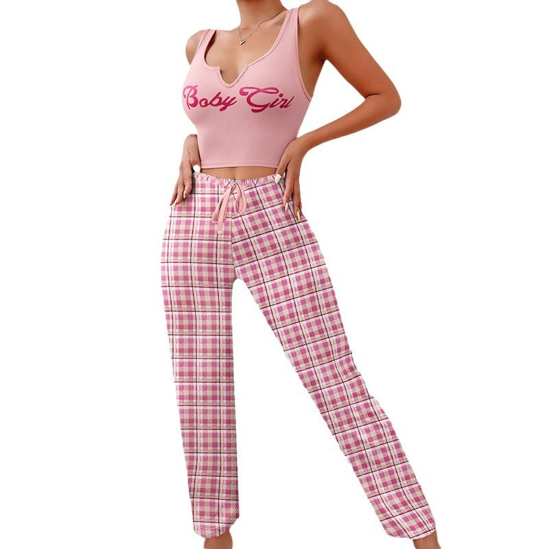 Women’s Casual Pajama Set – 2-Piece Sleeveless Vest Top & Plaid Lounge Pants