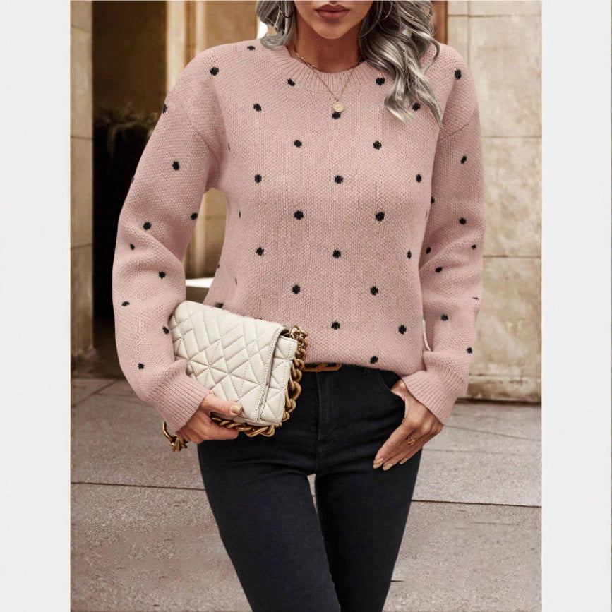 Women’s Polka Dot Knit Pullover Sweater – Trendy Casual Soft Knit Jumper