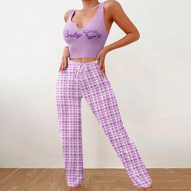 Women’s Casual Pajama Set – 2-Piece Sleeveless Vest Top & Plaid Lounge Pants