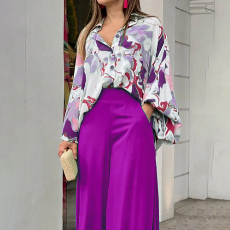 Women’s Floral Print Two-Piece Set – Button-Up Long Sleeve Shirt & Wide-Leg Beach Pants