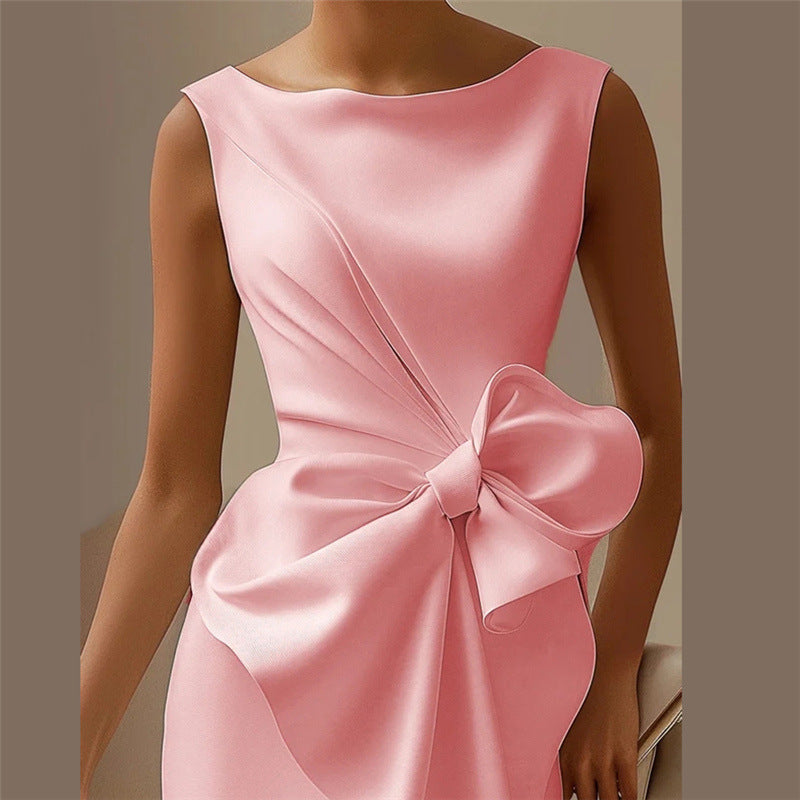 Women’s Elegant Bowknot Dress – Slim Sleeveless High Waist Office & Party Midi Dress
