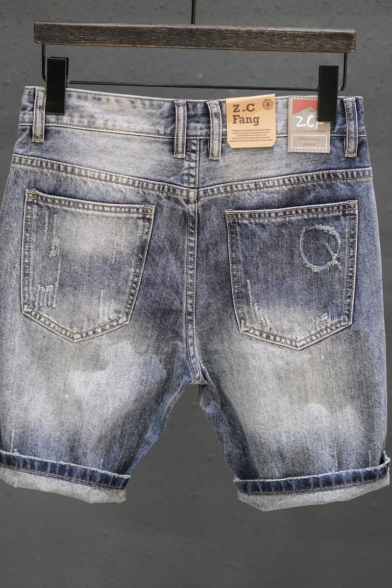 Retro Ripped Cropped Denim Pants – Trendy Fuzzy Hem Straight Leg Jeans for Men