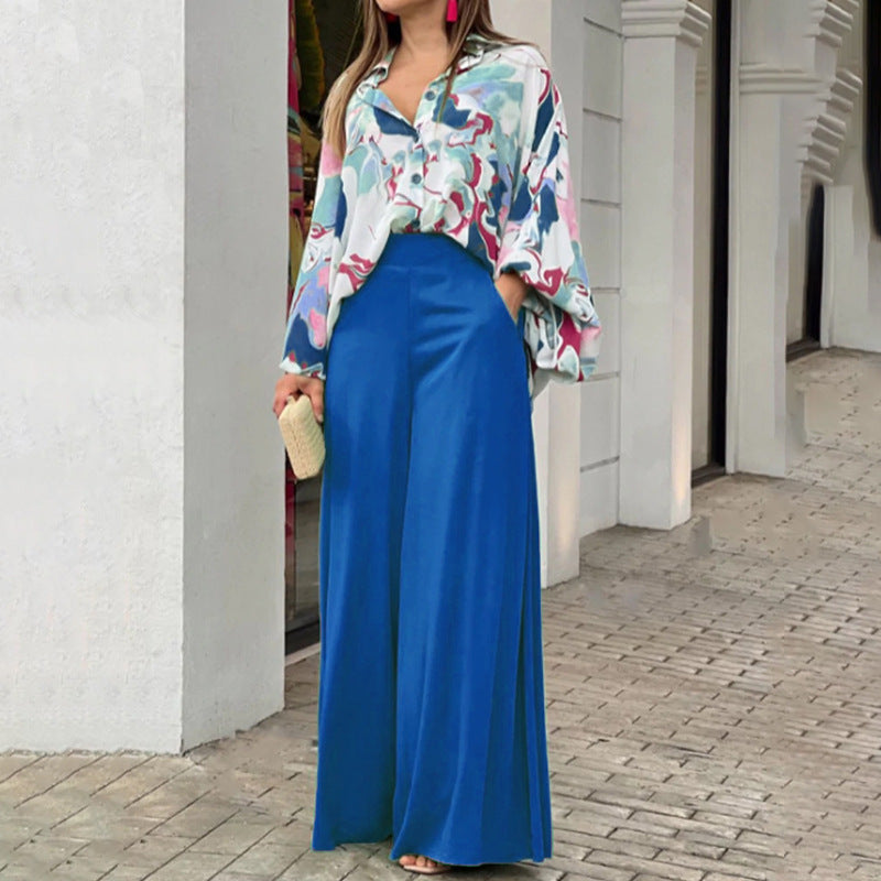 Women’s Floral Print Two-Piece Set – Button-Up Long Sleeve Shirt & Wide-Leg Beach Pants