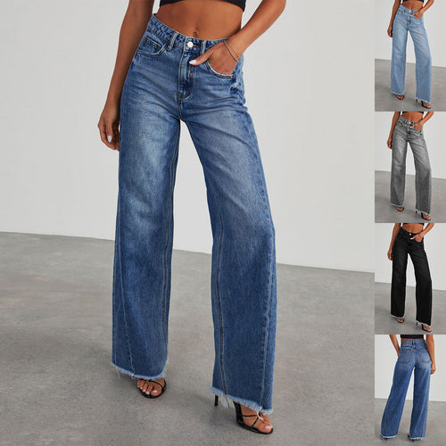 Women wearing high waist straight wide leg denim jeans with pockets in blue color