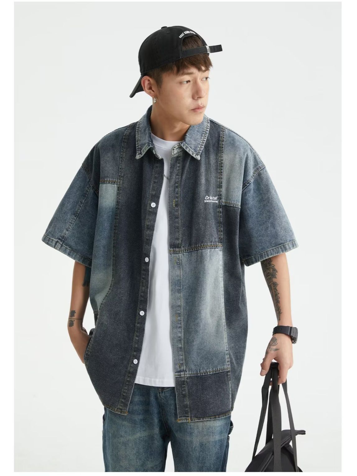 Men wearing Japanese-style retro washed denim shirt in blue with loose fit cardigan style